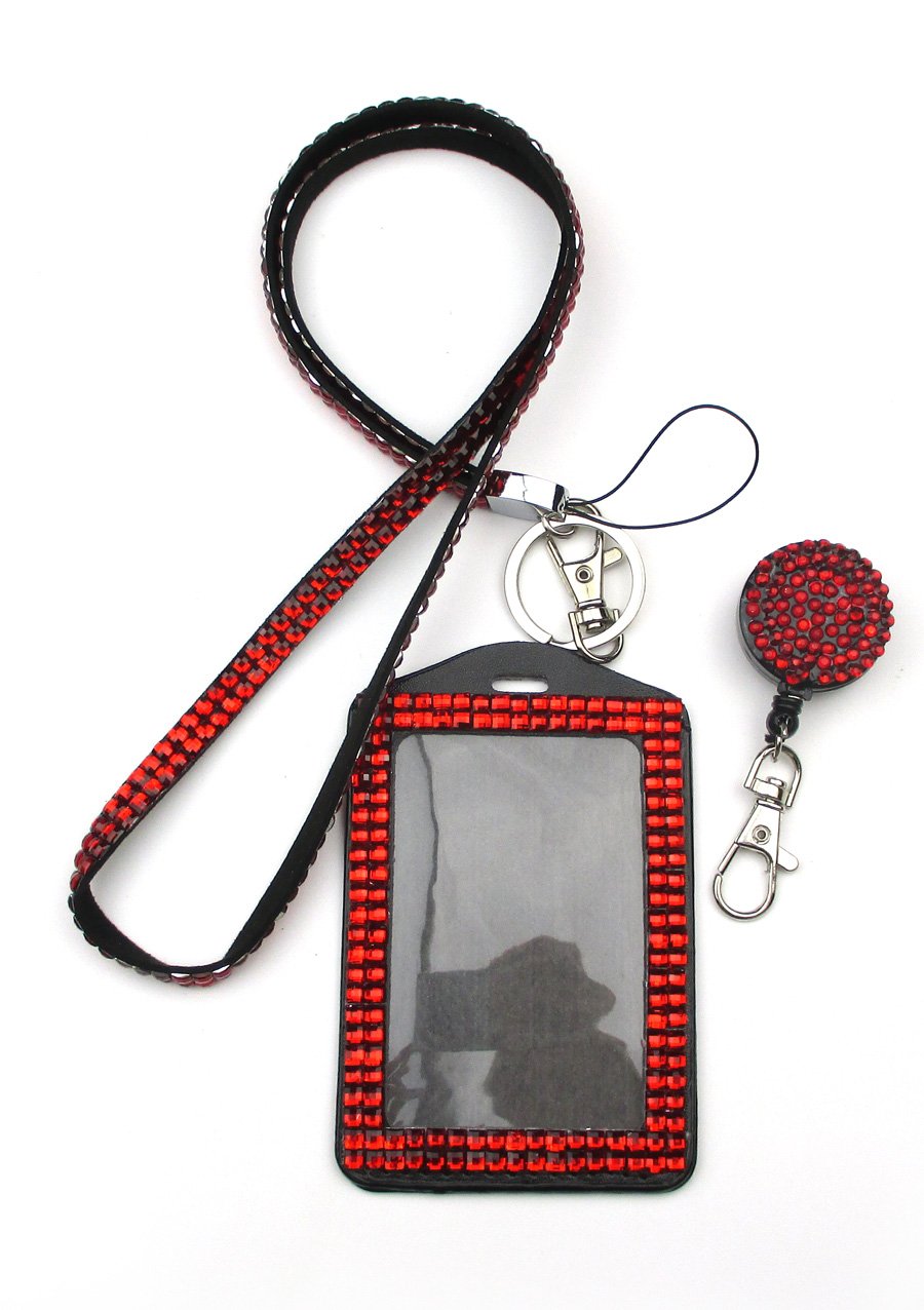 ALL in ONE Rhinestone Lanyard Bling Crystal Necklace + Badge Reel + Card Holder for Business Id/key (RED)