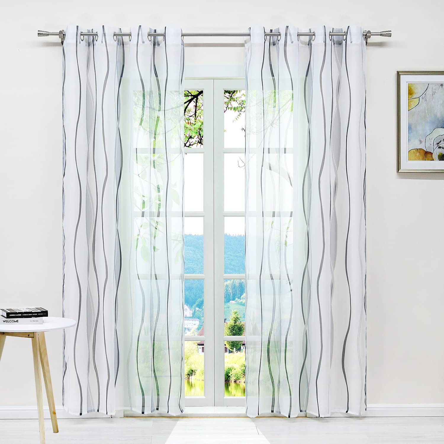 ESLIR Curtains with Eyelets Transparent Tab-Top Curtain Waves Pattern Voile Grey W x H 140 x 145 cm Pack of 1