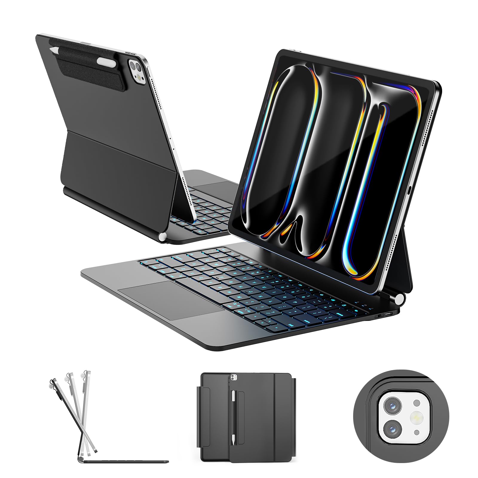 Photo 1 of RAYMCRAFT for ipad Pro 13 inch Case with Keyboard (M5 2025 / M4 2024), Magic Keyboard with Pencil Buckle, 11 Colors Backlight, Stain-Resistant Surface, Multi-Touch Trackpad, Magnetic Stand, White