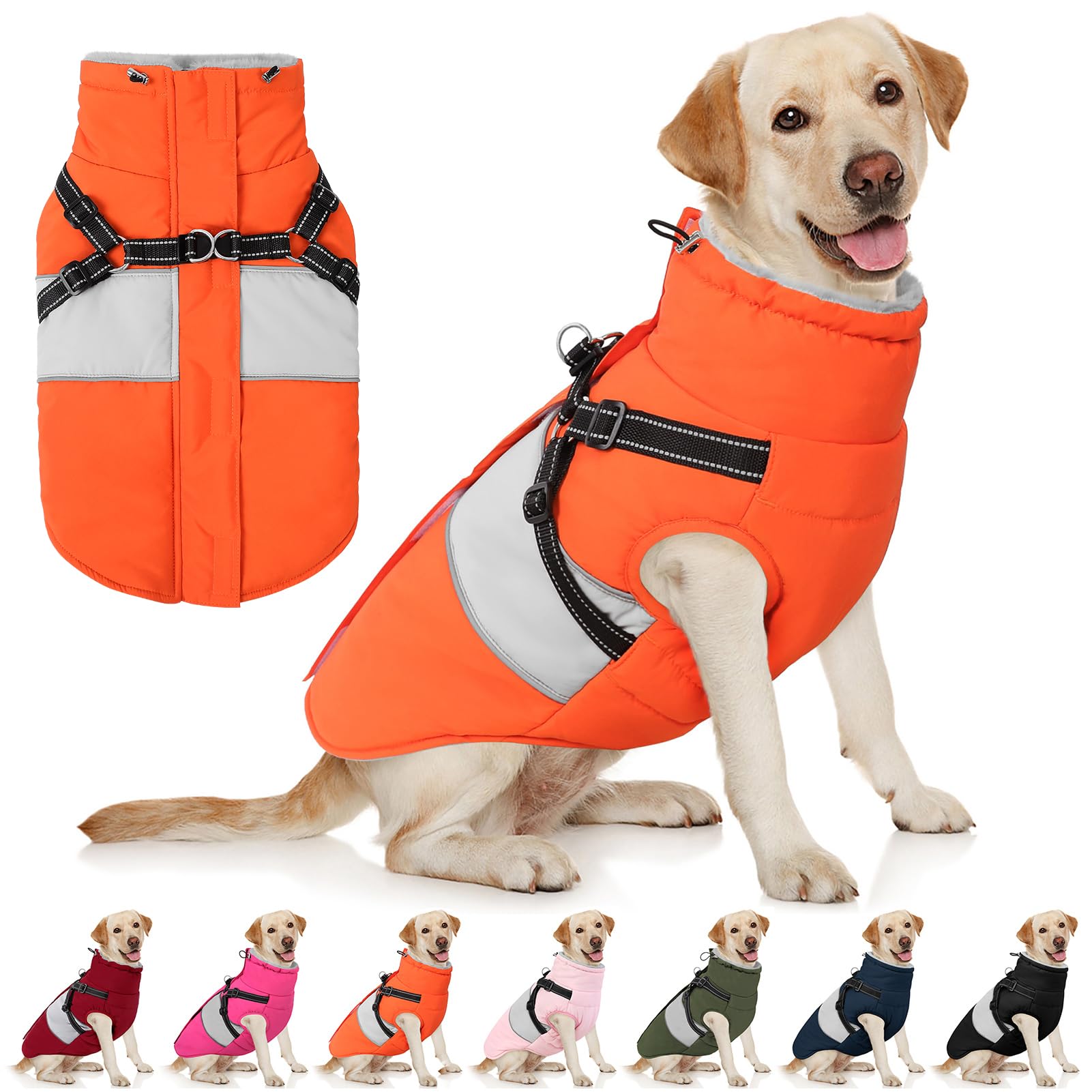 AOFITEE Dog Coat Warm Dog Winter Coat, Waterproof Dogs Jacket with Harness, Dogs Snow Jacket Snowsuit with Zipper & Furry Collar, Reflective Windproof Pet Sweater for Cold Weather, French Bulldog, L Image