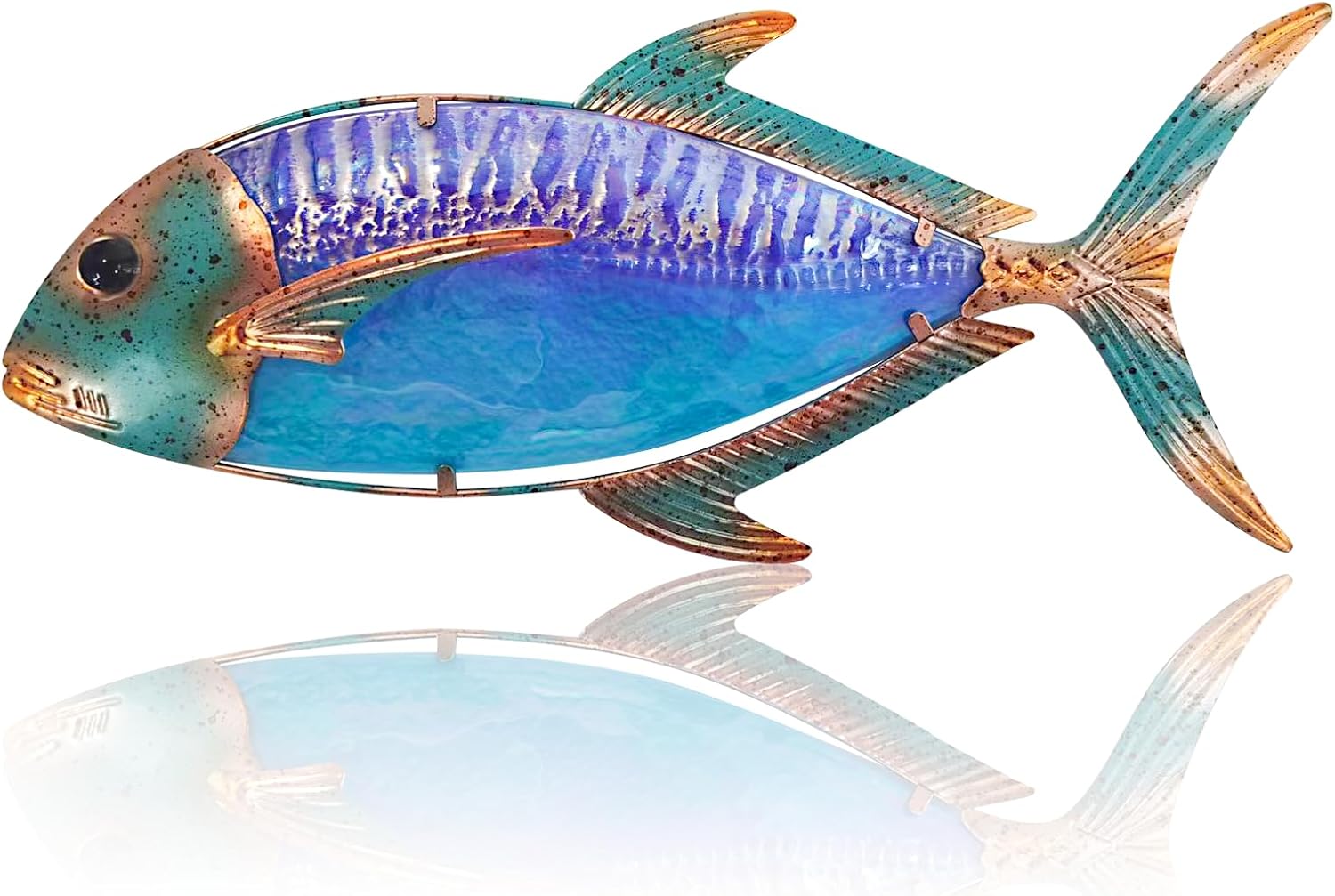 Plaques & Wall Art - LiffyGift Metal Fish Wall Sculptures Outdoor Nautical Bathroom Ocean Decor Hanging Glass Art Decorations for Indoor Living Room,Pool or Patio