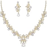BriLove Women's Wedding Jewelery Set Leaf Flower Crystal Teardrop Marquise Cluster Pendant Necklace Dangle Earrings for Bridal Party