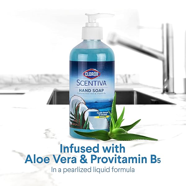 CLOROX SCENTIVA LIQUID HAND SOAP 14 OZ LIQUID HAND WASH WITH VITAMIN B5 BLEACHFREE SCENTED HAND SOAP FOR KITCHEN OR BATHROOM, PACIFIC BREEZE & COCONUT, ALOE VERA, 1 COUNT