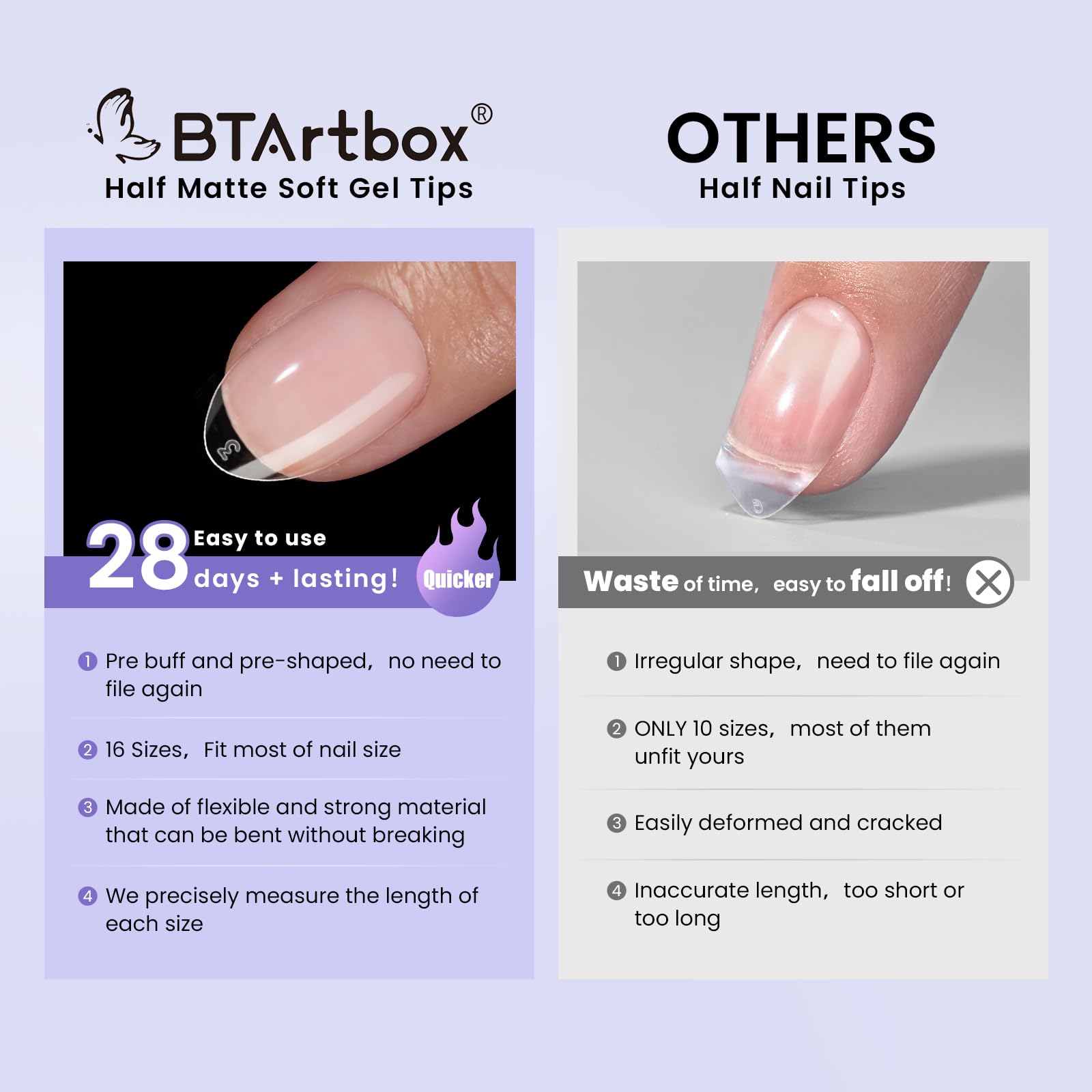 BTArtbox Extra Short Almond Nail Tips - 320pcs Half Matte Soft Gel Tips, Acrylic Pre-Shaped Fake Nails, Clear Ultra Fit & Natural False Nails for Nail Art, 16 Sizes - Image 5