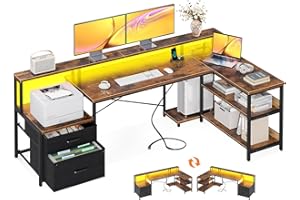 ODK L Shaped Desk with File Drawer, 75" Reversible L Shaped Computer Desk with Power Outlet & LED Strip, Office Desk with Storage Shelves, Gaming Desk with Monitor Shelf, Corner Desk, Vintage
