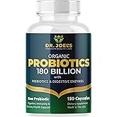 Organic Probiotics 180 Billion CFU - 40 Strains Vegan Probiotics + Prebiotics + Digestive Enzymes - Gut & Immune Health - 100% Pure, Maximum Potency & Shelf Stable - Made in the USA