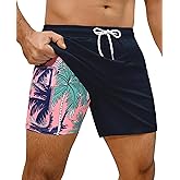 Gleeease 7inch Mens Swim Trunks: 2 in 1 with Compression Liner Stretch Quick Dry Drawstring Shark Pockets Beach Pool Vacation