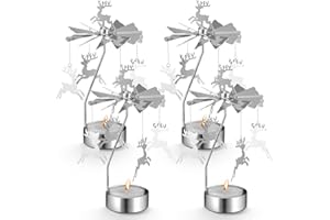 Layhit 4 Pcs Christmas Rotary Candle Holder Spinning Candleholder Metal Tea Light Holder Silver Rotating Candle Holder Candlestick Holders for Xmas Ornament Home Decor Gift (Reindeer Style)