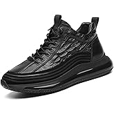 RiceelSor Men's Crocodile Pattern Leather Sneakers Slip-on Casual Air Cushion Elastic Waterproof Non-Slip High-Top Height Lifting Comfortable Shoes