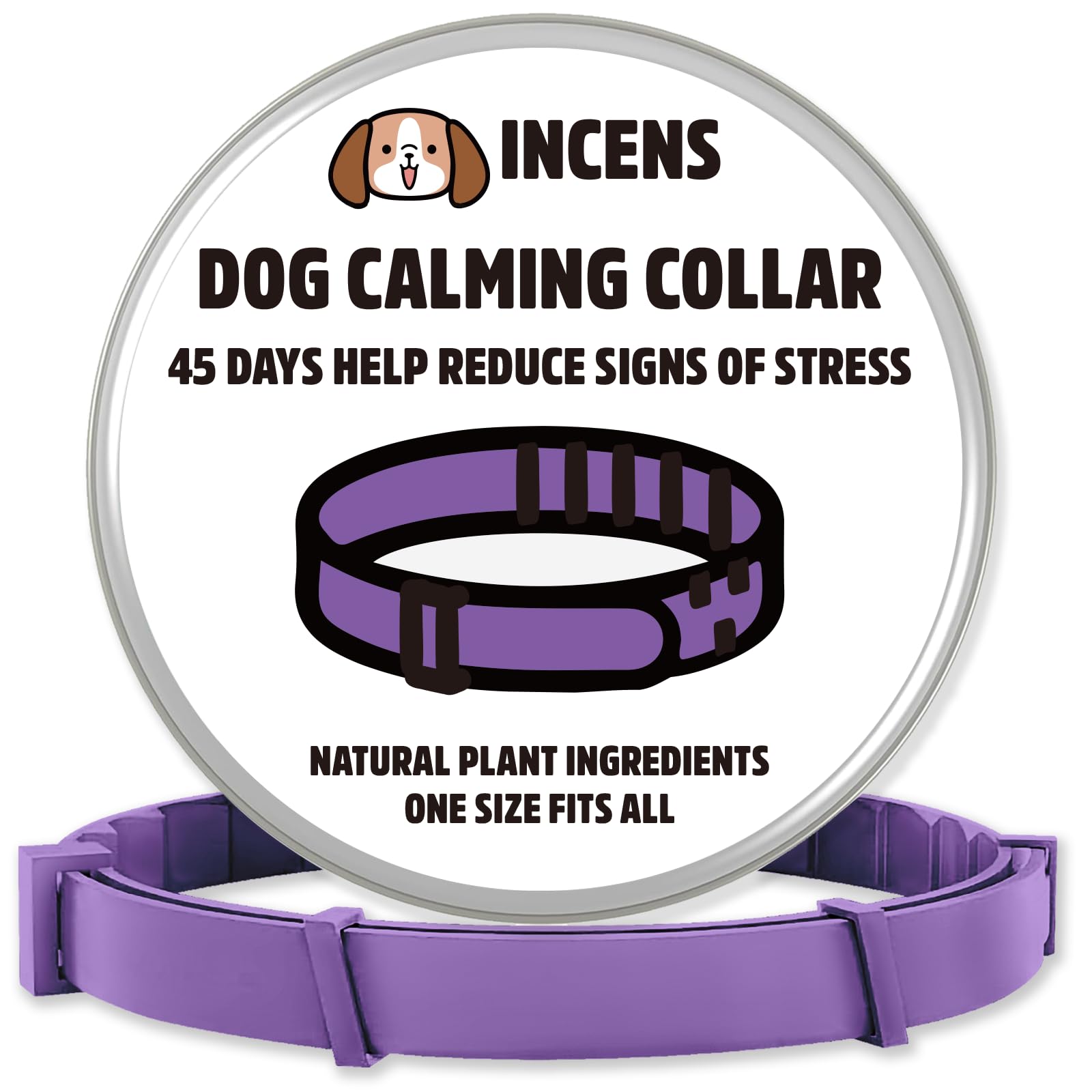 INCENS Calming Collar for dogs, designed to alleviate anxiety in dogs, is adjustable and lasts for 45 days. It is suitable for small and large dogs, and comes in purple - 1 Pcs