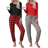 Frcdaunrs 2 Pack Womens Pajama Sets Long Sleeve Sleepwear Matching Pjs Set V Neck Loungewear with Pockets S-XXL