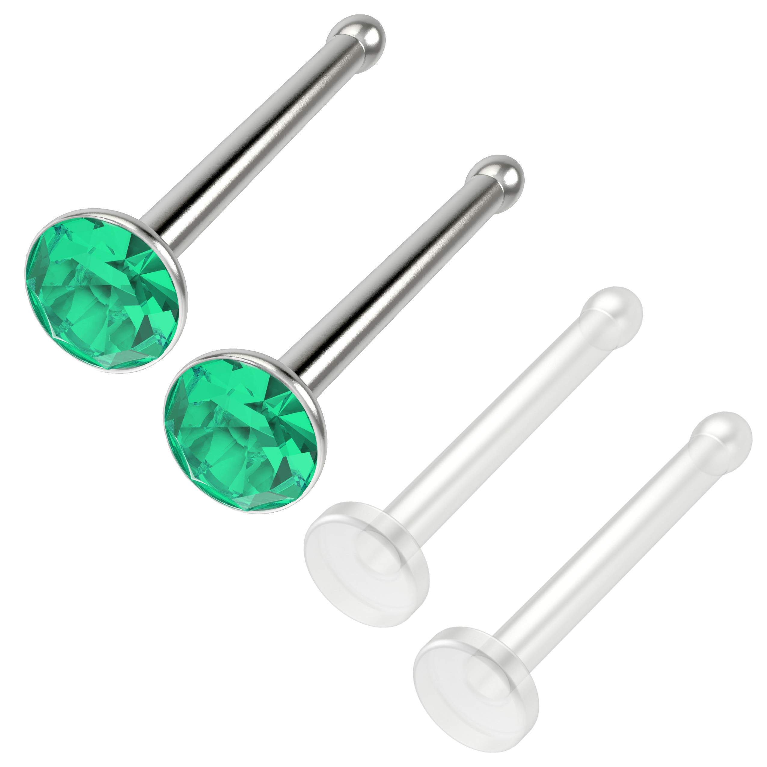 Bling Piercing 4pc 1mm 18g 1mm Nose Stud Bone Straight Bar Nostril Ring Surgical Steel 2.5mm Crystal CZ Emerald Bioflex Stud 0.8mm 20g 0.8mm Retainer Keeper