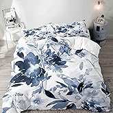 LUVIVIHOME 3PCS Navy Blue Floral Duvet Cover King Bedding Set, Modern Abstract Minimalist Aesthetic Rustic Farmhouse Spring Watercolor Flower Leaf Plant Botanical White Comforter Cover, 2 Pillow Cases