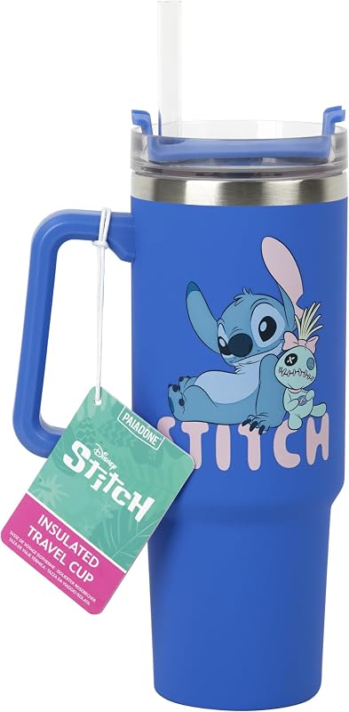 Tasse de voyage isotherme Disney Stitch avec paille bleue, 900 ml, Produit sous licence officielle avec poignée pour thé glacé ou café