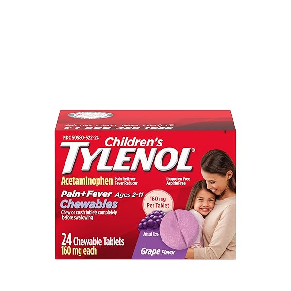 CHILDREN’S TYLENOL CHEWABLES WITH 160 MG ACETAMINOPHEN, PAIN RELIEVER & FEVER REDUCER FOR KIDS’ COLD + FLU SYMPTOMS, HEADACHE, SORE THROAT & TOOTHACHE, ASPIRIN-FREE, GRAPE FLAVOR, 24 CT
