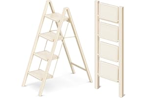 GameGem 4 Step Ladder Folding Step Stool with Wide Anti-Slip Pedal, 330LBS Capacity, Lightweight Portable Stepladder for Home and Kitchen Use, Cream White