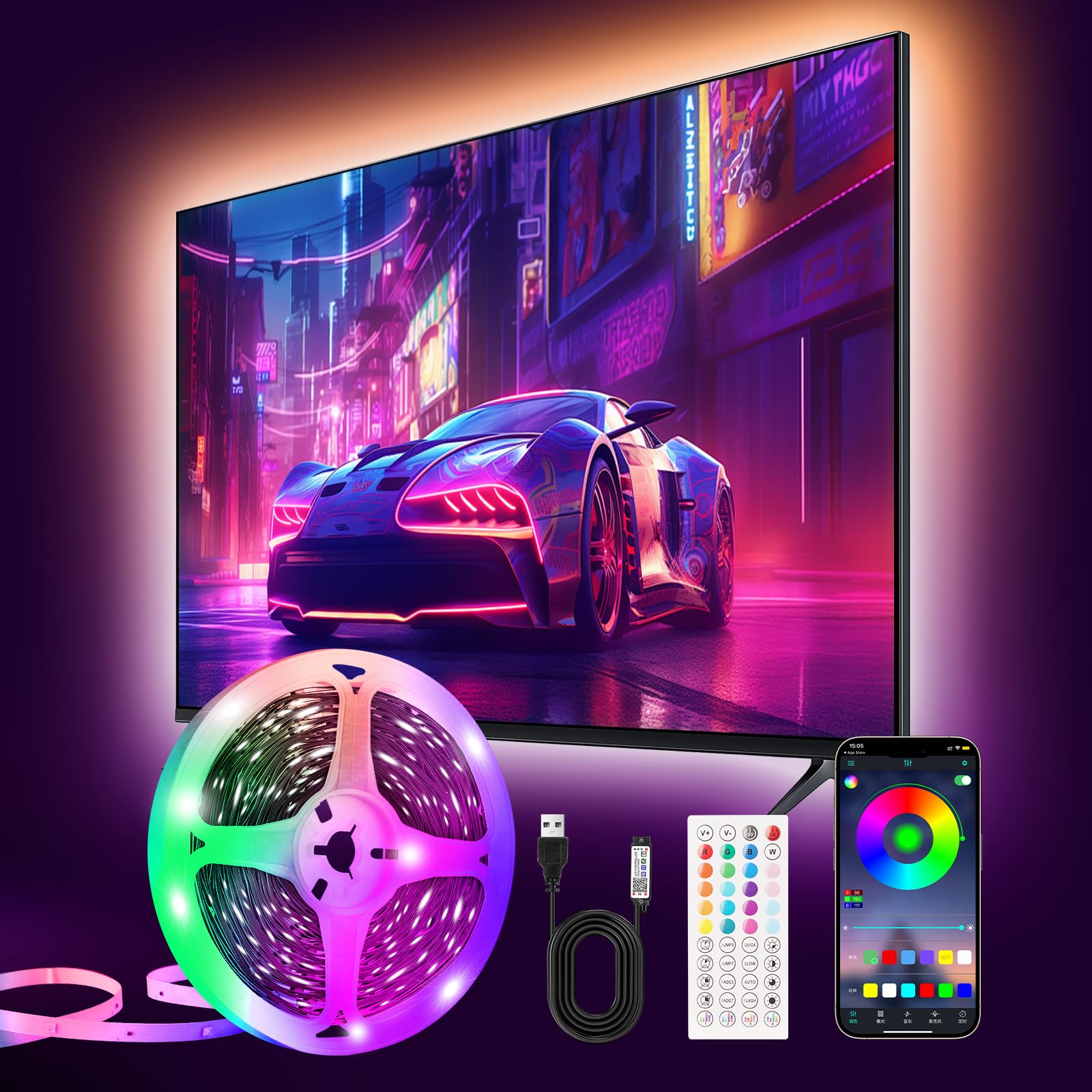 Photo 1 of TV LED Backlight,9.84ft Music Sync RGB Backlight with Remote & App Control, USB Powered for 32-45 Inch TVs, Computer, Bedroom, Gaming Setup, Home Cinema