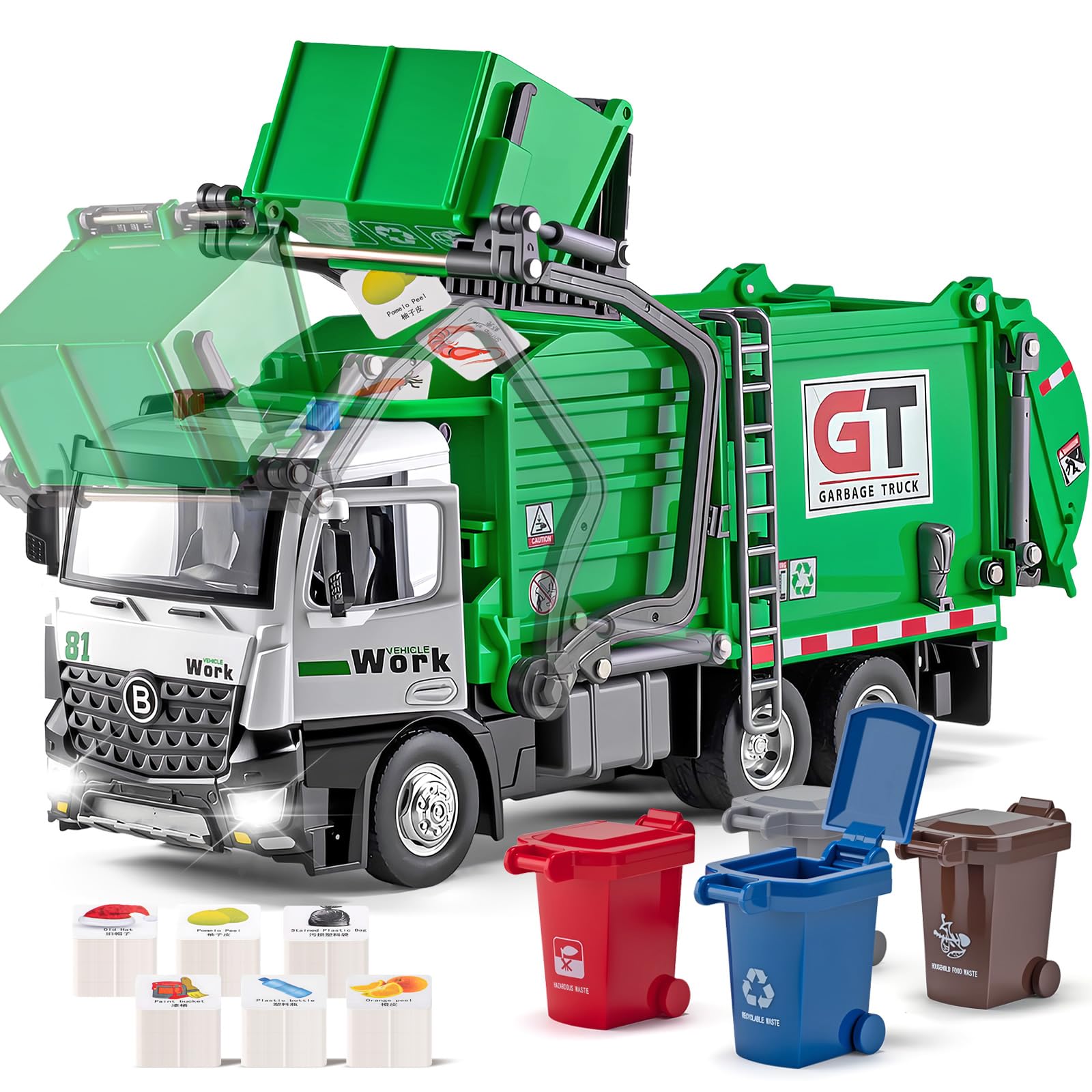 Photo 1 of HAPYAD Garbage Truck Toys Metal Cab, Realistic Trash Truck Toys for Boys Kids with Lights and Sounds, Friction Powered Recycling Vehicles, Front Loader with Dumpster, 4 Trash Bins, 12"