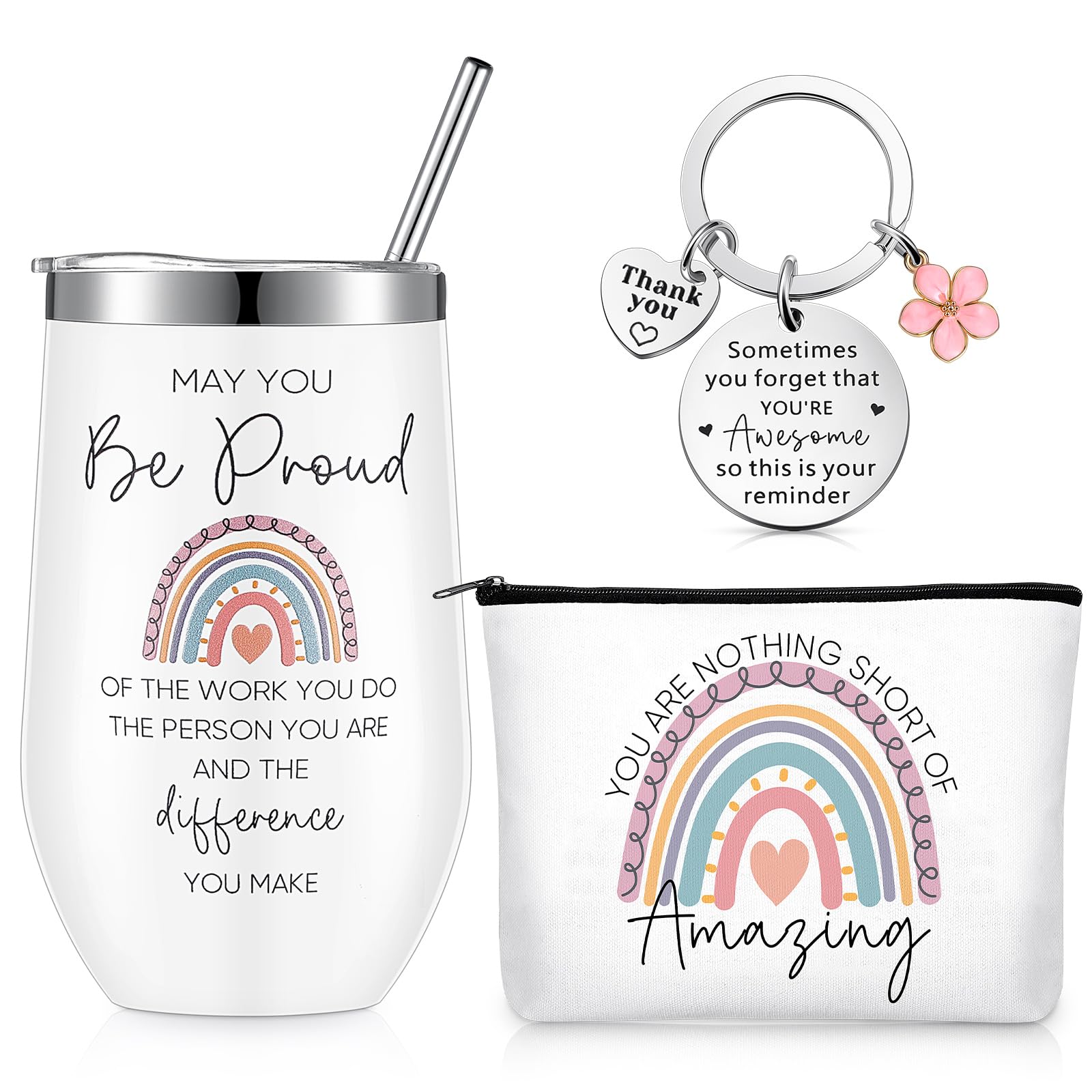 Blulu Leaving Gifts for Women Teacher Appreciation Inspirational Gifts Set Includes 1 Tumbler Cup 1 Keychain 1 Rainbow Makeup Bag for Colleagues Women Coworkers Employee Teacher Graduation
