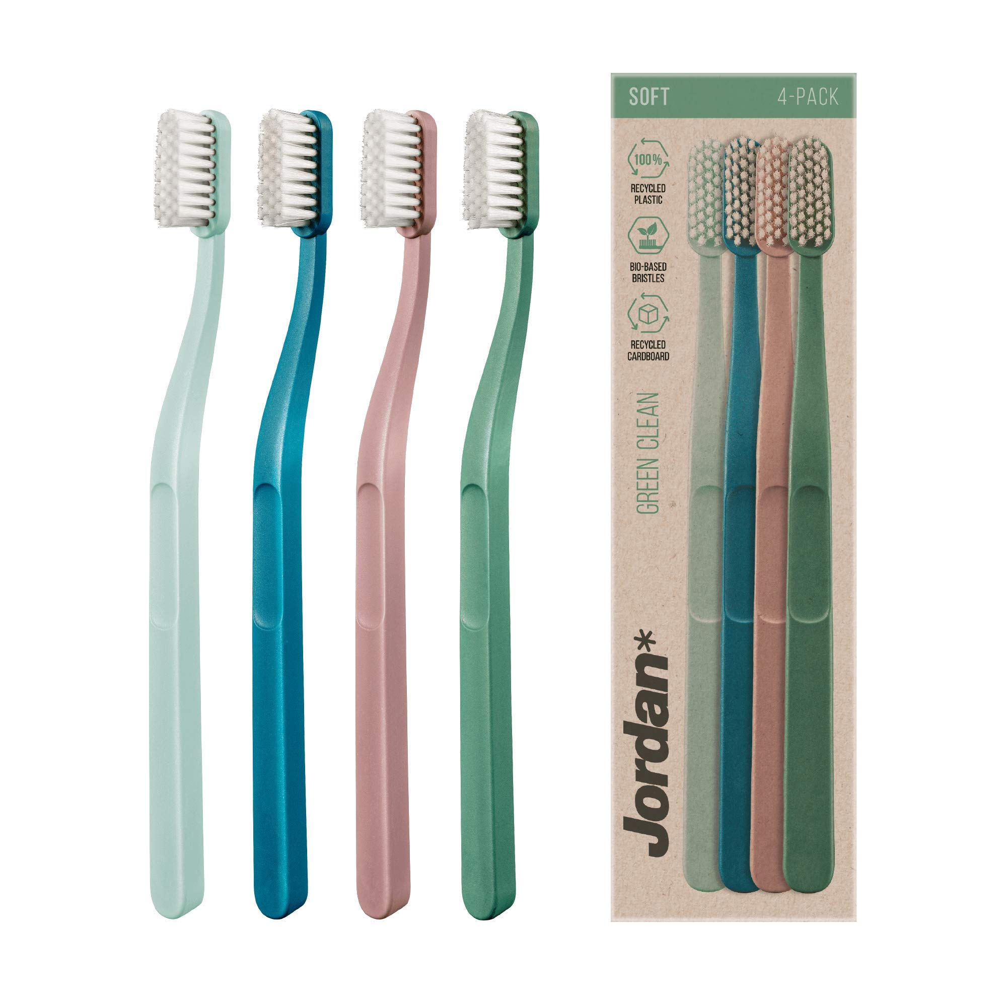 Jordan ® | Green Clean Manual Toothbrush | Award Winning Sustainable Toothbrush Made from Recycled Materials | Eco-Friendly | Scandinavian Design | Soft Bristles | Mixed Colour | Pack of 4