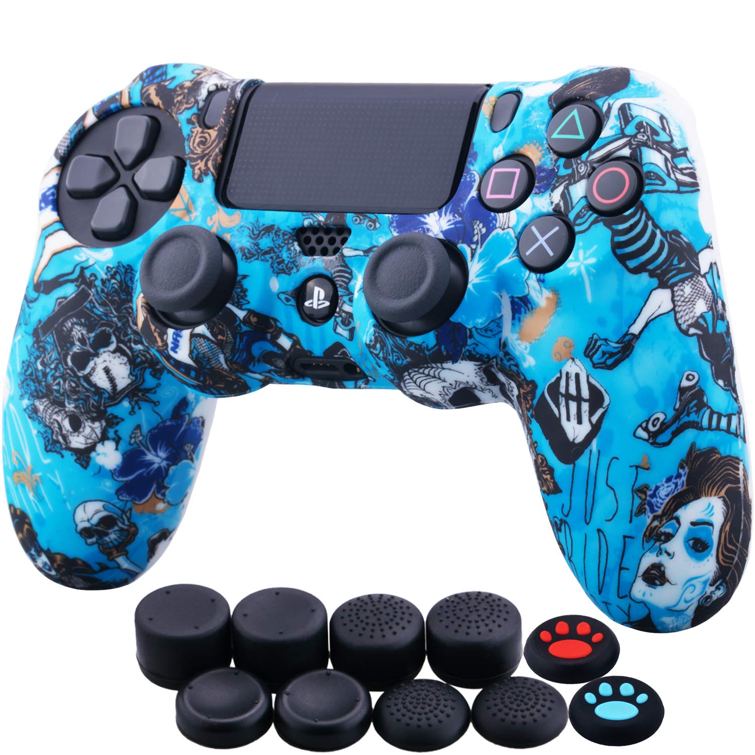 YoRHa Water Transfer Printing Camouflage Silicone Cover Skin Case for Sony PS4/slim/Pro Dualshock 4 Controller x 1(Witch) with Thumb Grips x 10