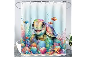 AILONEN Cute Cartoon Sea Turtle Shower Curtain,Kawaii Sea Turtle with Coral Bath Curtain for Kids,Boys,Girls,Ocean Theme Waterproof Fabric Shower Curtain Set with Hooks,36" W*72" H