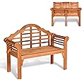 Giantex Outdoor Wood Bench, 4 Ft Foldable Eucalyptus Garden Bench, Two Person Loveseat Chair Solid with Curved Backrest and Armrest Ideal for Patio, Porch or Balcony (Teak)