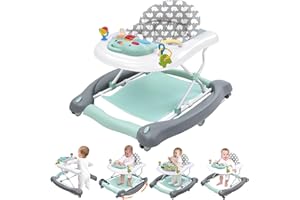 PAWTONG Foldable Baby 5-in-1 Activity Walker - Rocker, Activity Center, Bouncer, Seat Walker, Push Walker - Adjustable Speed Rear Wheels and Height Toys Ages 6-18 Months… (Mint Green)