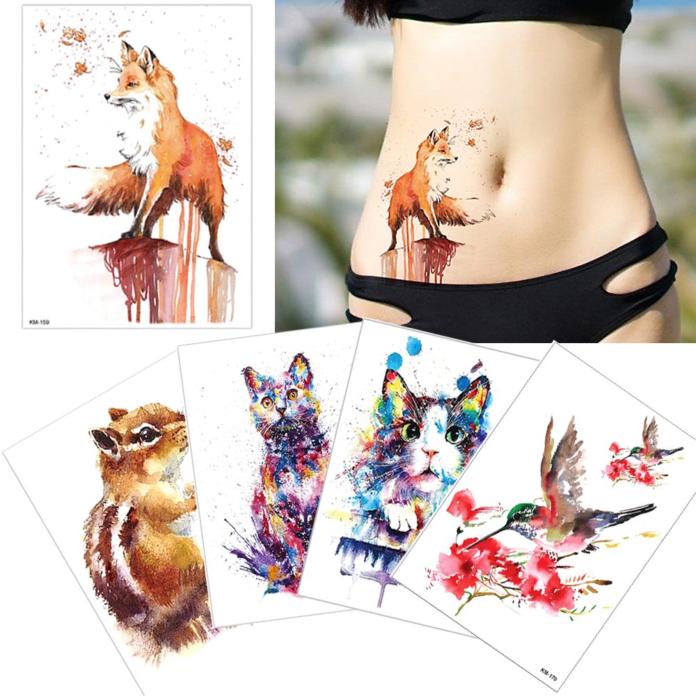 5 Sheets Watercolor Drawing Animal Body Tattoo Temporary Leg Back Art Sticker DIY
