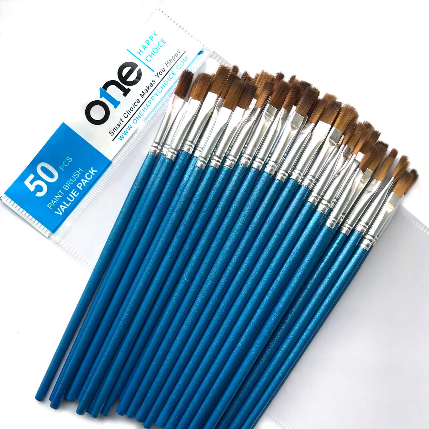 50 Pieces Value Pack of Flat Paint Brush, Synthetic Sable Soft Hair, Small Size, Short Handle, Bulk Brush Set for Acrylic, Oil, Watercolour Painting, Precise Makeup, Dry Brushing, Blending