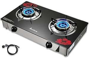 BesNerg Gas Stove 2 Burner Propane Stove Two Burner Portable Gas Cooktop, Tempered Glass Auto Ignition LPG Cooker, Suitable for Outdoor/Camping/RVs (RED)