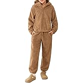 Haloumoning Girls 2 Piece Outfits Kids Fuzzy Bear Ear Hoodies Pullover Sweatshirt and Sweatpants Cute Clothing Sets