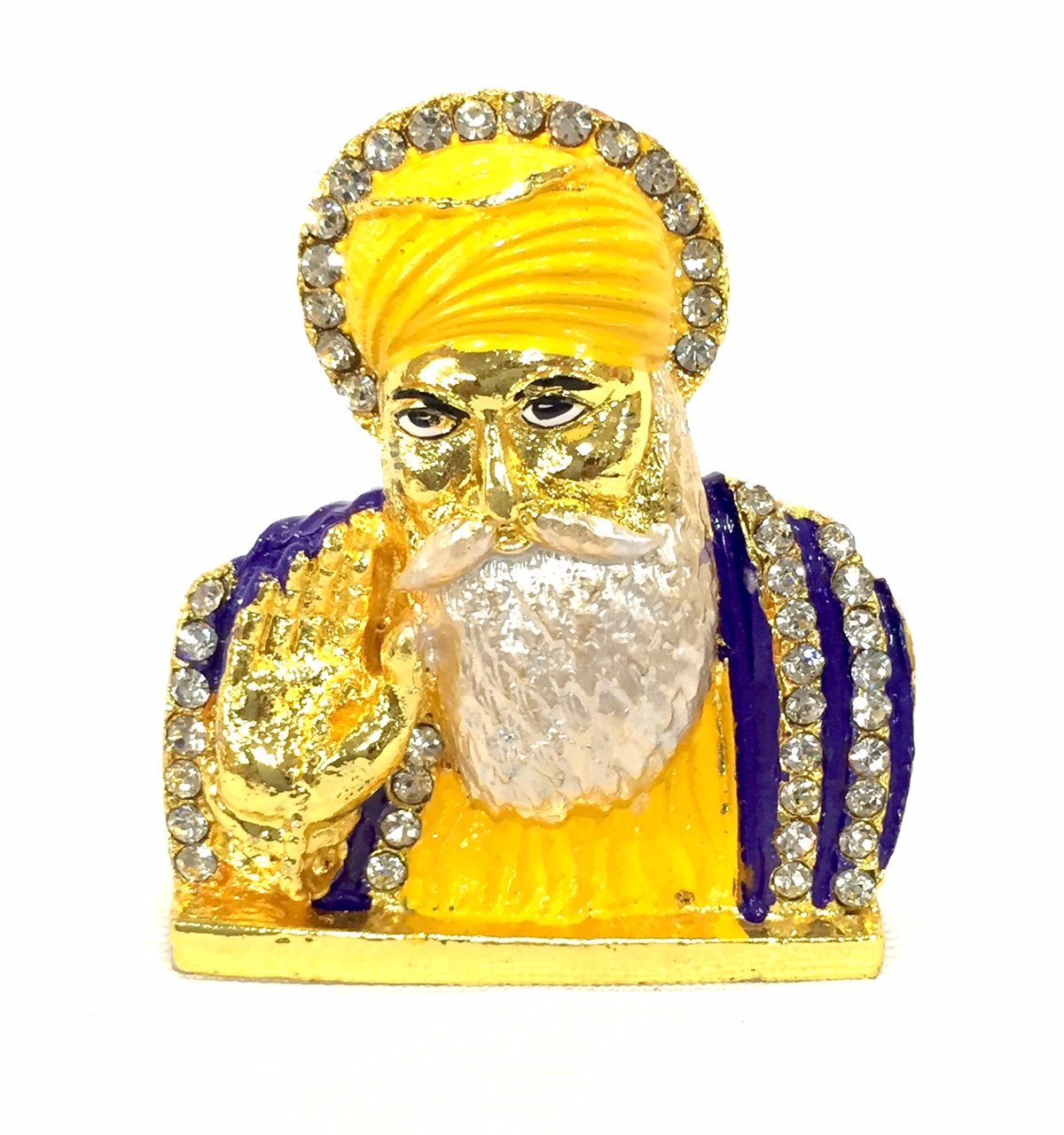 Indiabazaar - Hindu God idol / Murti / Statue / Car Idol - Gold Gurunanak Small - Yellow Colour and white stones
