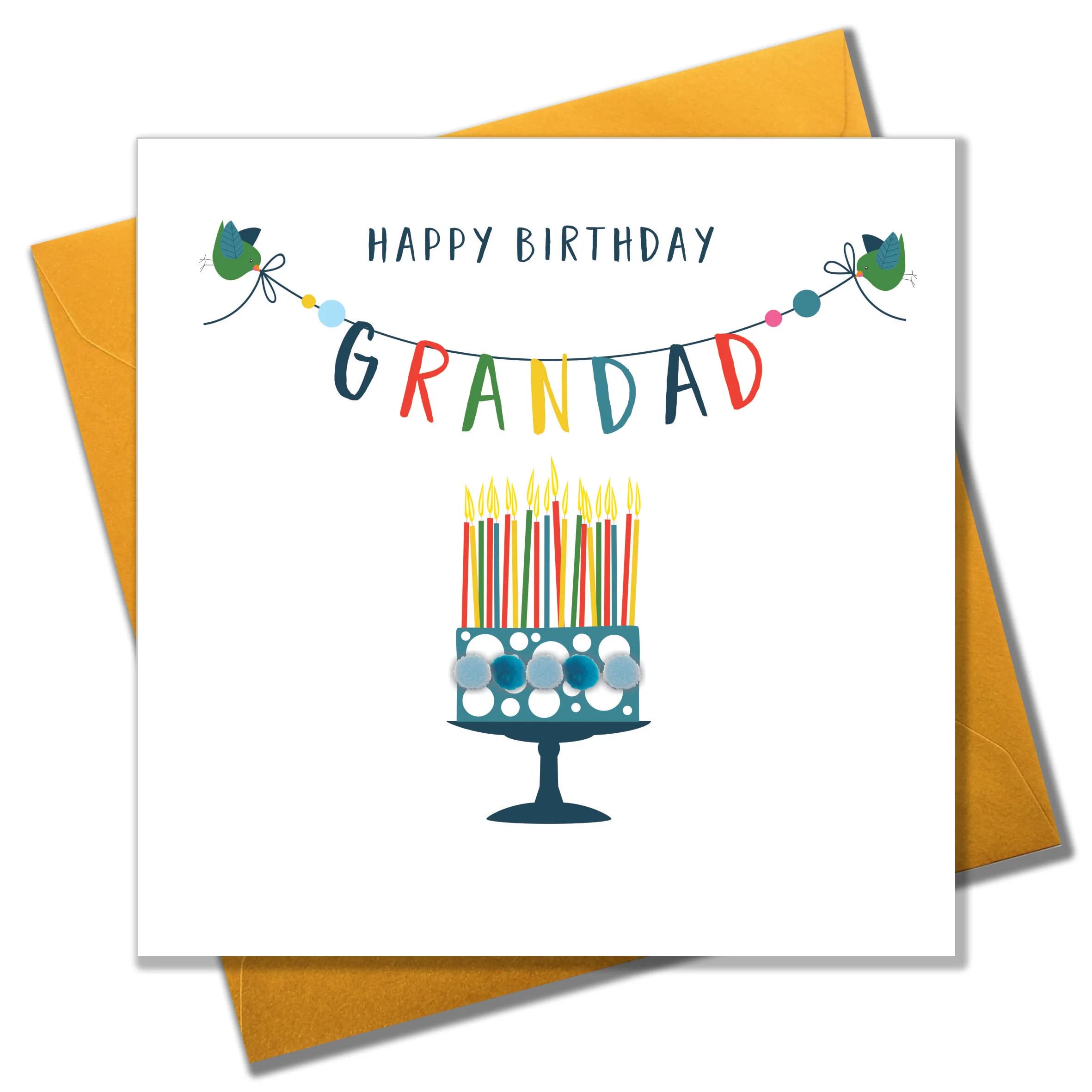 Claire Giles Greeting Cards, Happy Birthday Grandad Card, Cake design Grandfather Greeting Card, Embellished with colourful Pompoms