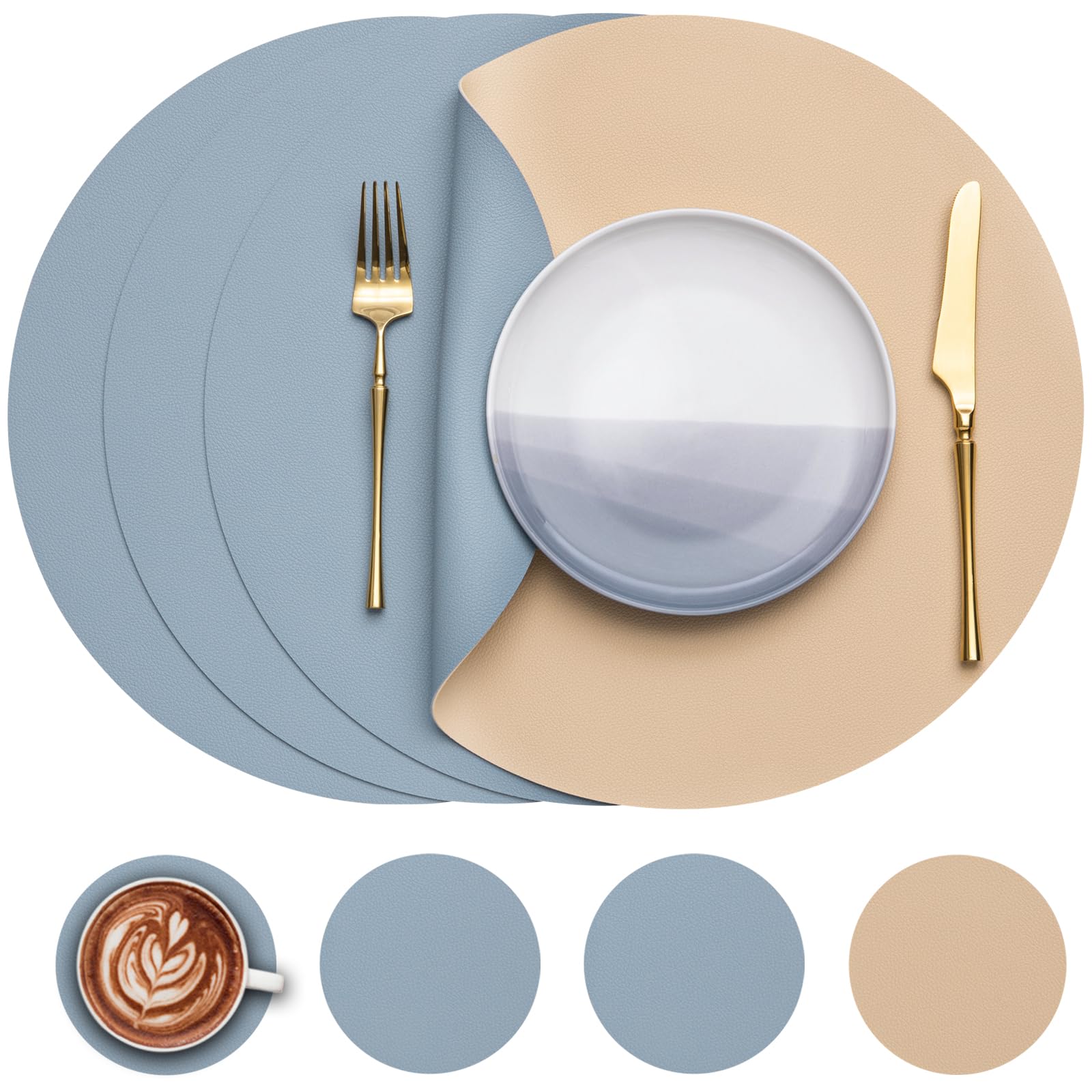 Myir JUN Round Table Placemats Set of 4 Faux Leather Place Mats and Coasters 15 inch Round Dual Sided Placemats Non-Slip Wipe Clean Stain Resistant (Yellow Blue,Set of 4)
