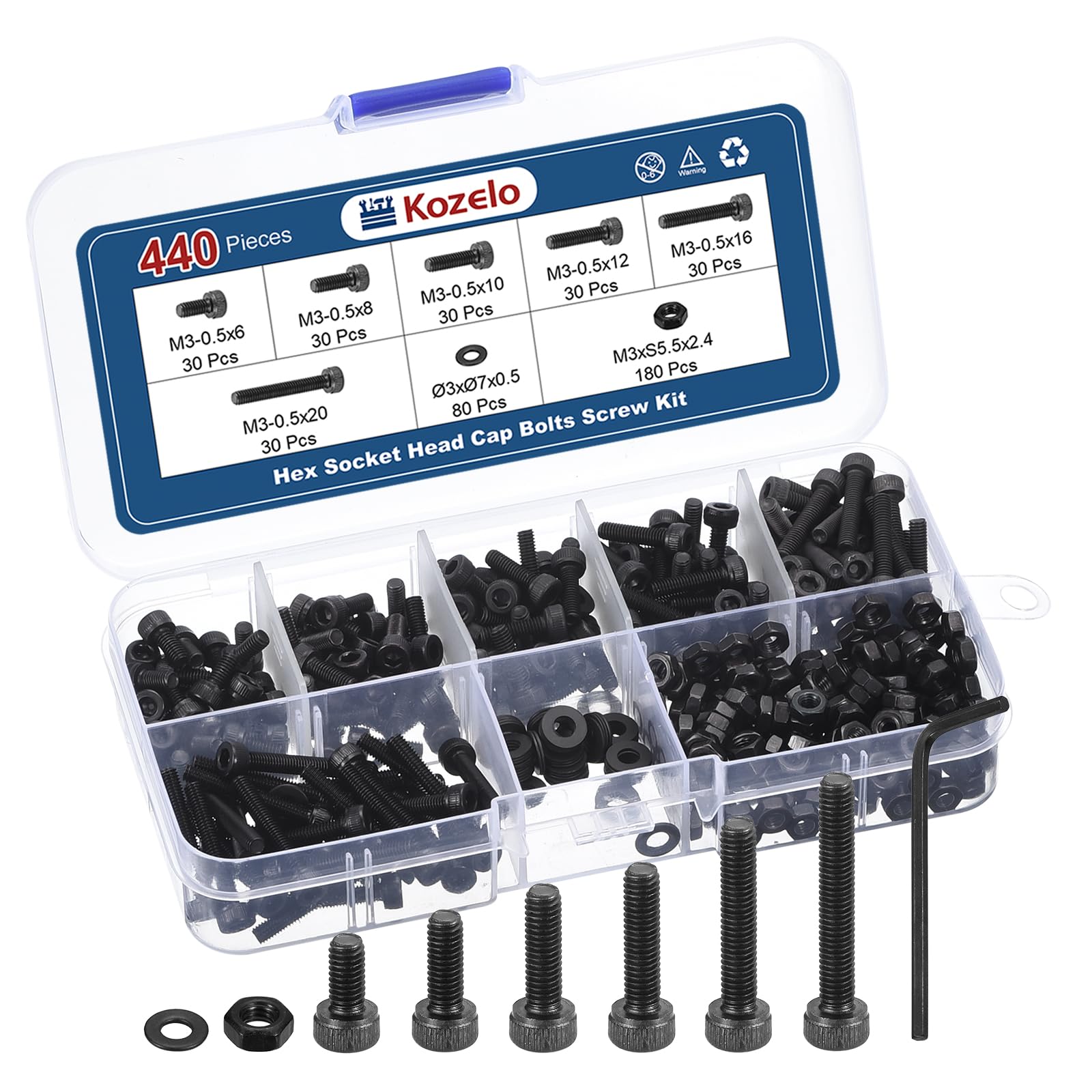 Kozelo 440pcs M3 Socket Head Cap Screws Bolts Nuts Assortment Kit - [M3x6/8/10/12/16/20mm] Alloy Steel Fully Threaded Black Oxide 12.9 Internal Hex Screw for 3D Printer Use, with Wrench