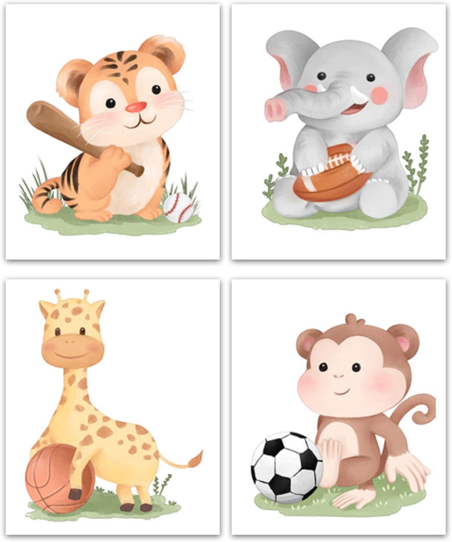 4 Baby Safari Sports Nursery Wall Art 8x10 | Kids Wall Prints | Unframed | Baby Boy Nursery Wall Decor | Baby Shower Wall Art | Playroom Wall Decor Art | Nursery Decor Wall Art Prints Animal Prints
