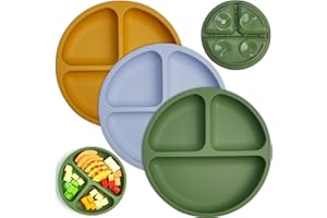 LITTLE RAWR Suction Plates for Babies & Toddlers, 3 Pack Divided Toddler Plates-Food Grade Silicone/BPA Free, Quadruple Suction Non-Slip Design, Baby Led Weaning Supplies, Dishwasher Safe