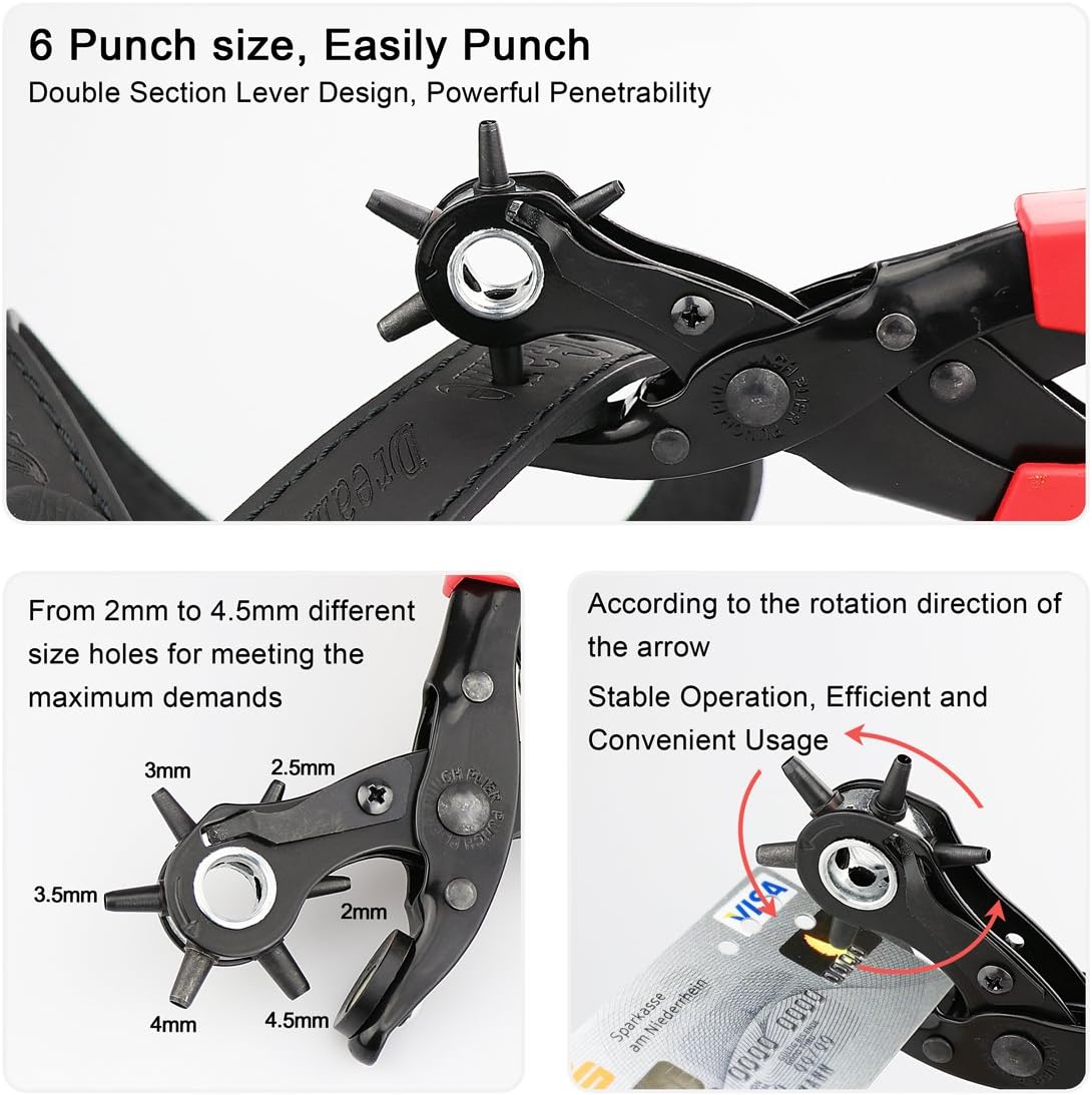 Revolving Punch Plier Kit, XOOL Leather Hole Punch Set for Belts, Watch Bands, Straps, Dog Collars, Saddles, Shoes, Fabric, DIY Home or Craft Projects, Heavy Duty Rotary Puncher, Multi Hole Sizes Make - - 