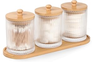 eggs sound 3 Pack Qtip Holder - Bathroom Organizers and Storage, Cotton Round Holder Floss Pick Cotton Ball Holder Swab Dispenser Set with Tray, Glass Apothecary Jars with Lids, -sw clear y