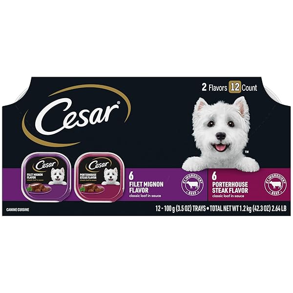 CESAR WET DOG FOOD CLASSIC LOAF IN SAUCE, FILET MIGNON FLAVOR AND PORTER HOUSE FLAVOR, 3.5 OZ. EASY PEEL TRAYS, 12 COUNT