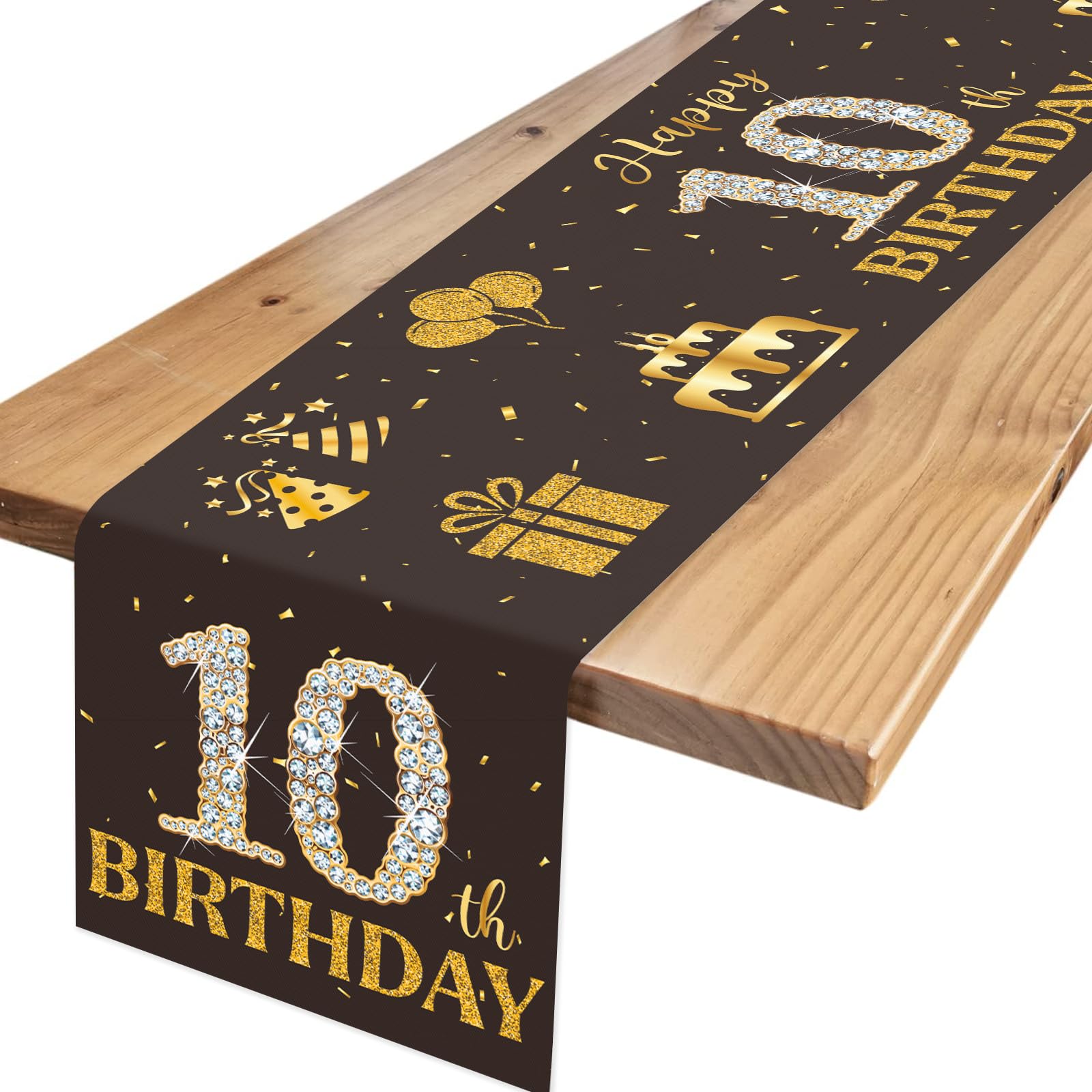 10th Birthday Table Runner Boys Girls, Black Gold Glitter 10th Birthday Decorations for Him Her, Number 10 Table Centrepiece Decoration for 10th Birthday Party Favor Photo Booth Props, 180x35cm
