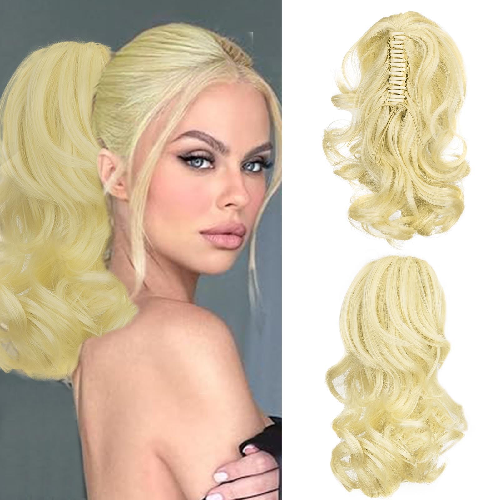 Cybelleza 14 inch Ponytail Hair Extension Curly Wavy Claw Jaw on Long Short Cute Pony Tails Clip in Hair Extensions Ponytail Hairpieces Synthetic for Women, Bleach Blonde — image 1