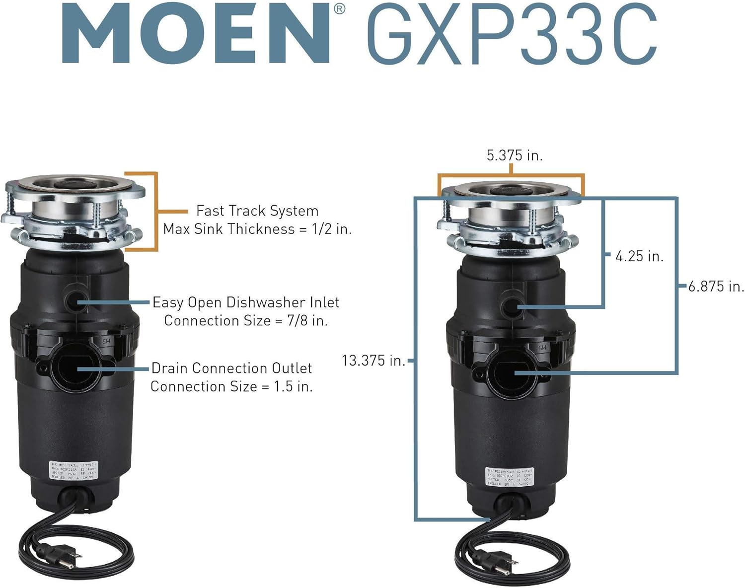Moen GXP33C Lite Series PRO 1/3 HP Continuous Feed Garbage Disposal, Power Cord Included - - 