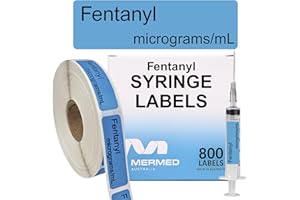 MERMED Fentanyl micrograms/mL Anesthetic Syringe Labels - Box of 800 Labels on Roll (1” core). 12mm x 40mm (Approx 0.5" x 1.5") Latex-Free Permanent Adhesive. Printed by Specialist Medical Printer