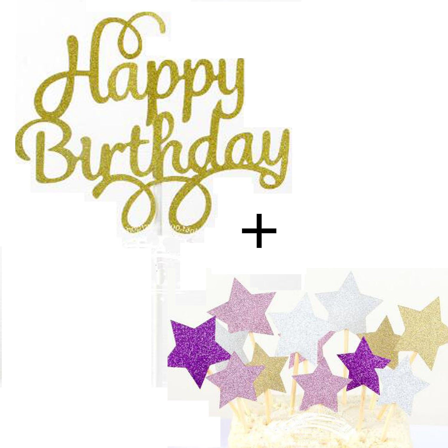 Istloho Cake Topper Birthday party decorations Cake Topper, Gold Glitter Happy Birthday + Stars