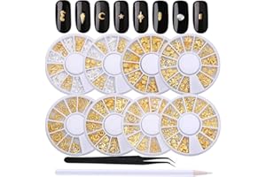 WOKOTO 8 Pack Silver Gold Nail Rivets Set 3d Geometry Nail Charm Ocean Shell Starfish Metal Nail Art Studs Manicure Jewelry Decoration With 1Pc Tweezers