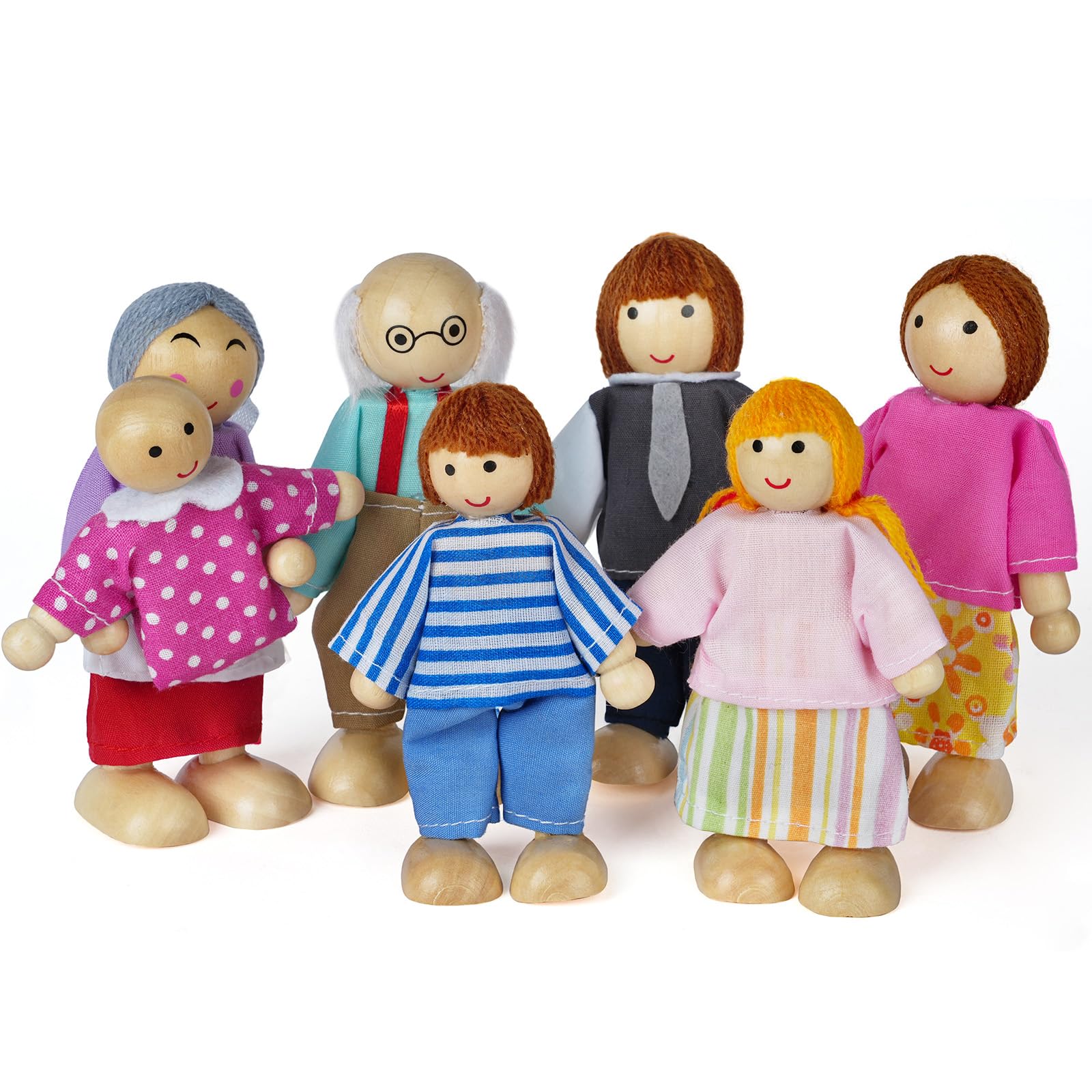 Aolso Wooden Family Dolls Playset of 7 People, Wooden Figures Set for Children Doll house Pretend Gift, Family Set for Dolls House Accessories Kids Toy