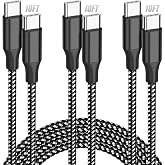 SwaggWood 60W USB C to USB C Cable 10ft 3 Pack Fast Charging Braided Cord | 3 Pack 10ft USB C Cable 60W Fast Charging, Nylon Braided Type C Charger Cord for iPhone 17 16 15 iPad MacBook - Black white