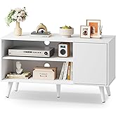 WLIVE TV Stand for 43 Inch TV, Small Entertainment Center with Storage Cabinet & Adjustable Shelves, Mid-Century Modern TV Stands for Living Room and Bedroom, TV Console Suit 32 Inch TV, White